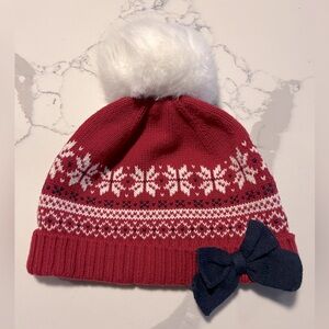Red and White Snowflake Knit Hat with Bow